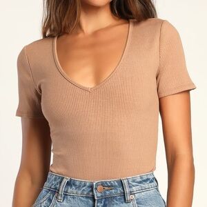 Lulu’s Effortless Look Tan Ribbed V-Neck Short Sleeve Bodysuit